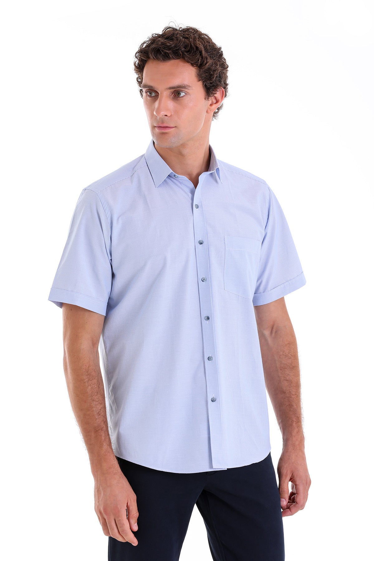 Light blue short-sleeved button-down shirt with a classic collar and subtle texture