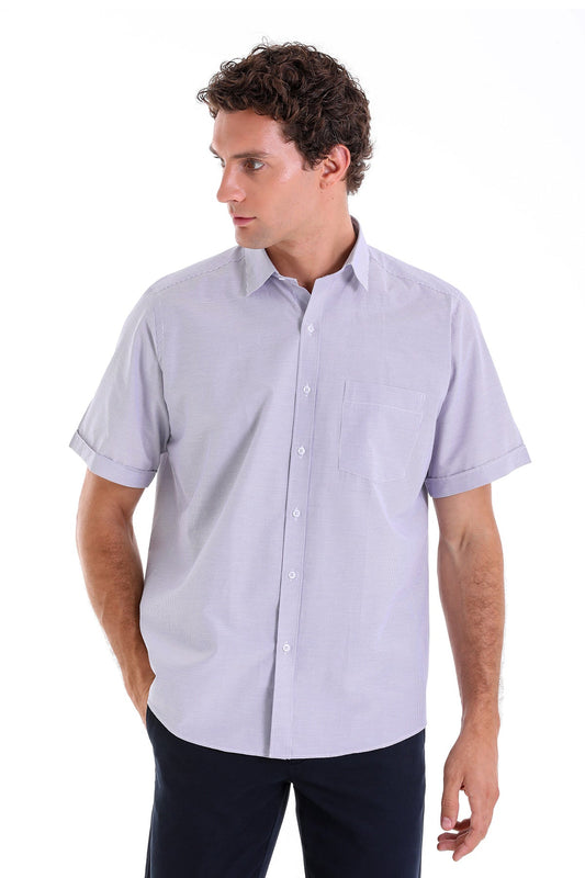 Light gray short-sleeved button-down shirt with a subtle textured weave and a single chest pocket.