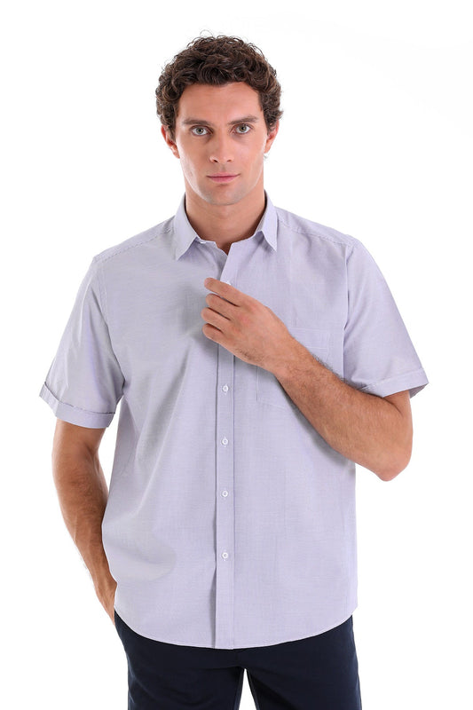 Light blue short-sleeved button-down shirt with a subtle textured weave.