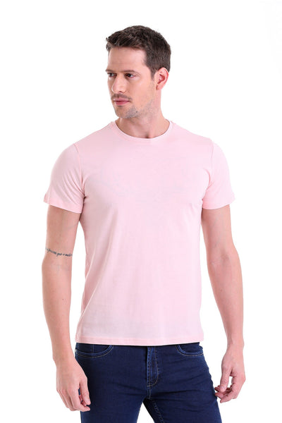 A soft pink, short-sleeved crew neck t-shirt made of smooth cotton fabric.