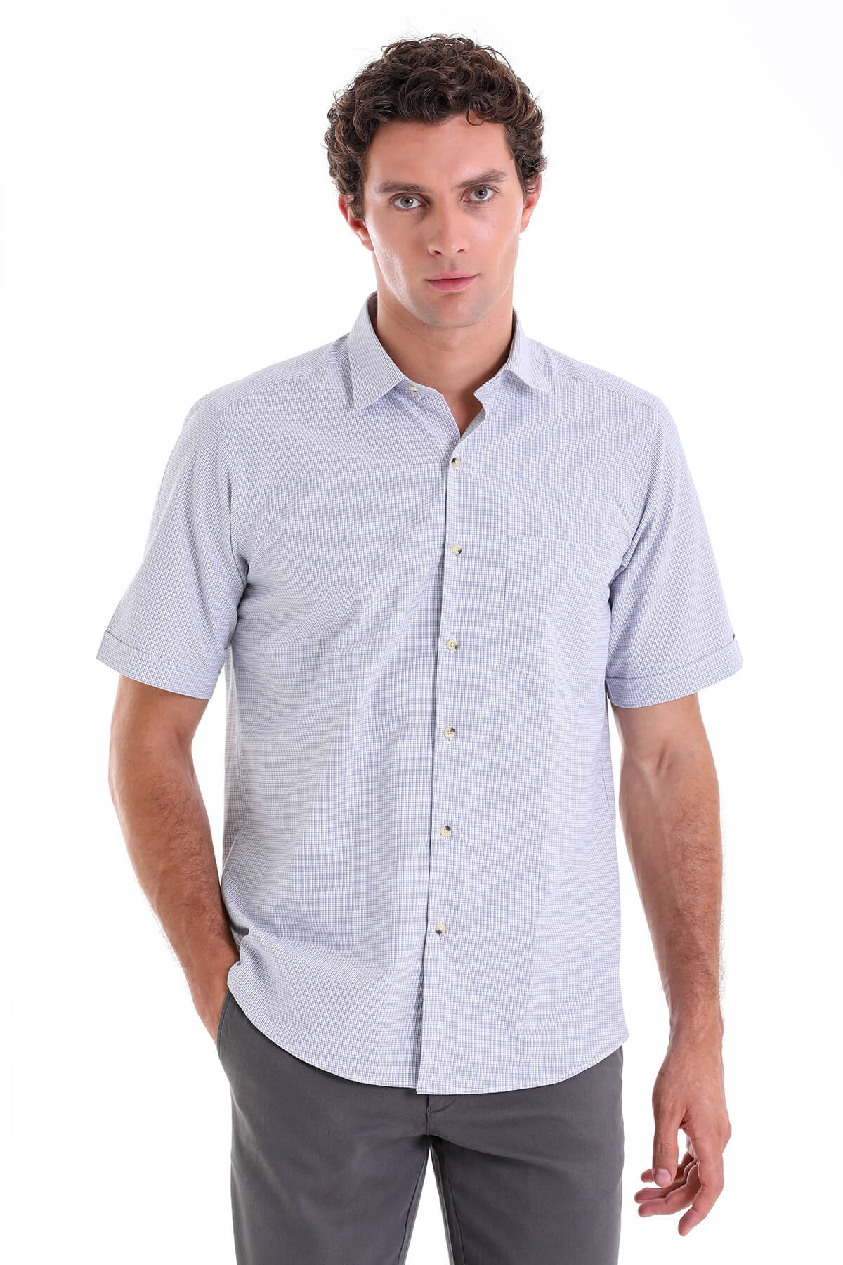Light blue and white checkered short-sleeved button-down shirt.