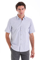 Light blue and white checkered short-sleeved button-down shirt.