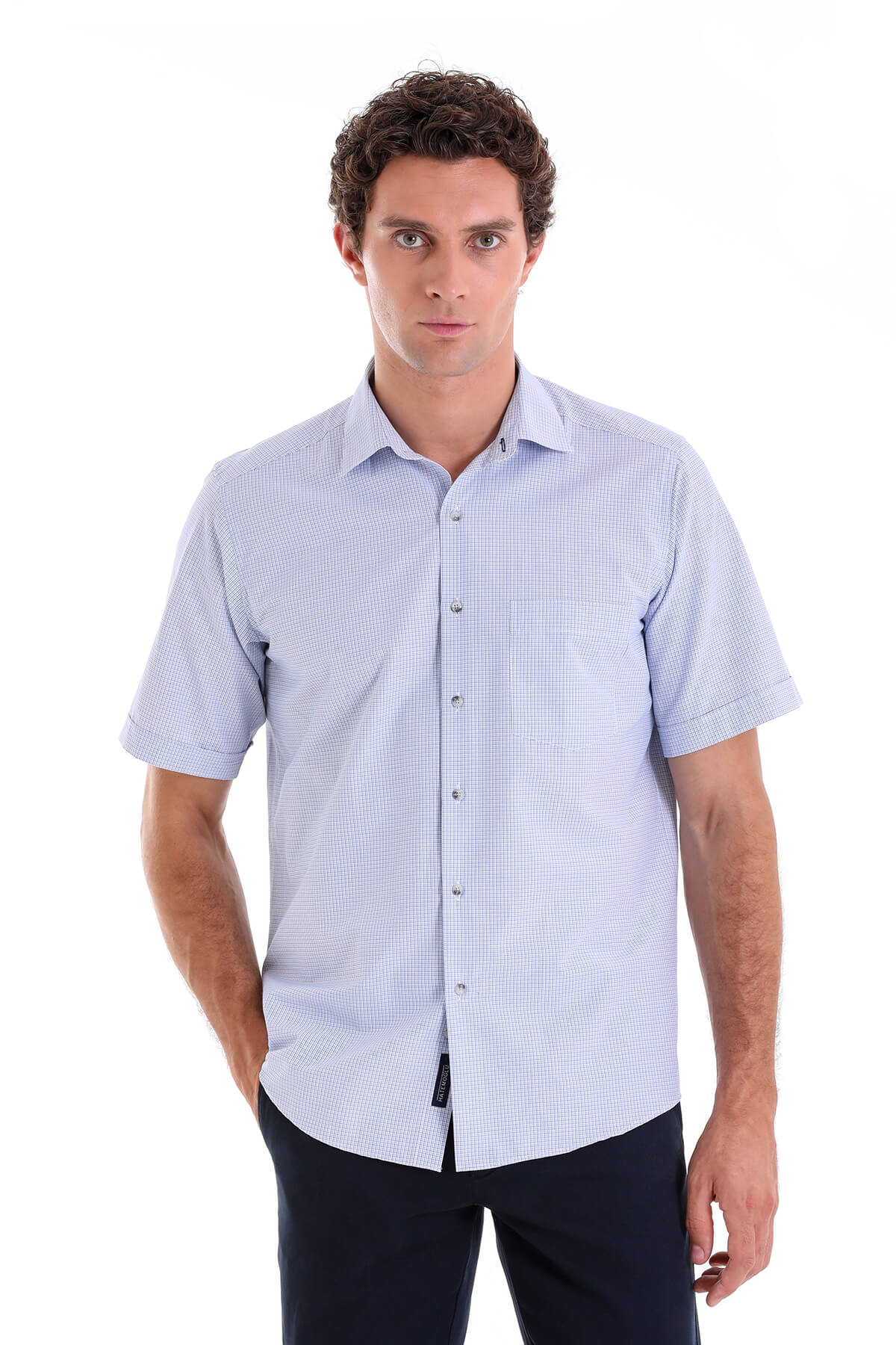 Regular Fit Plaid Cotton Blend Blue Dress Shirt - SAYKI