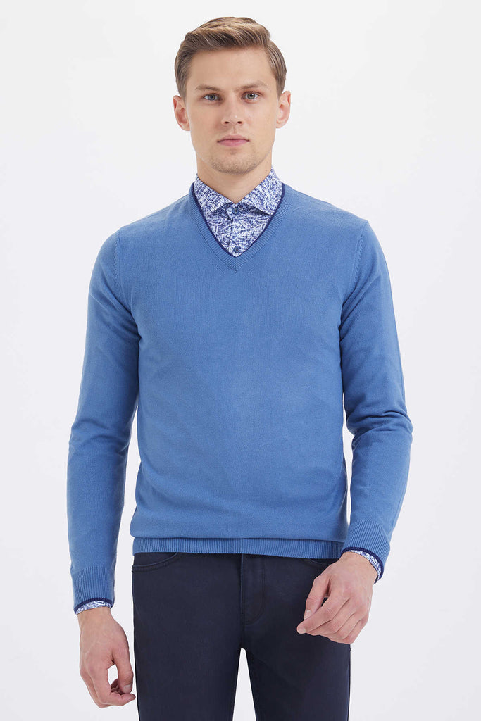 Regular Fit Plain Beige V-Neck Sweater - MIB