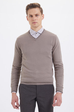 Regular Fit Plain Beige V-Neck Sweater - MIB