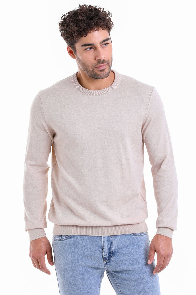 Regular Fit Plain Cotton Beige Crewneck Sweater - Crewneck