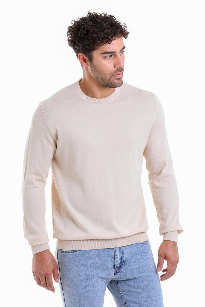 Regular Fit Plain Cotton Beige Crewneck Sweater - Crewneck