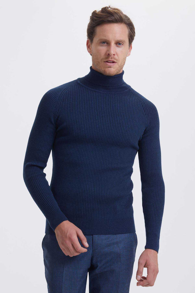 Regular Fit Plain Cotton Blend Black Turtleneck Sweater