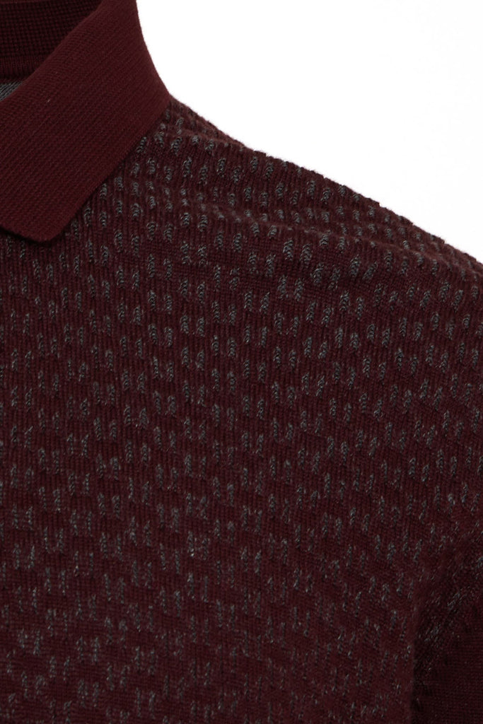Regular Fit Plain Cotton Blend Burgundy & Gray Polo Sweater
