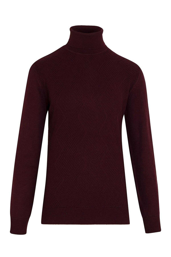 Regular Fit Plain Cotton Blend Burgundy Turtleneck Sweater -