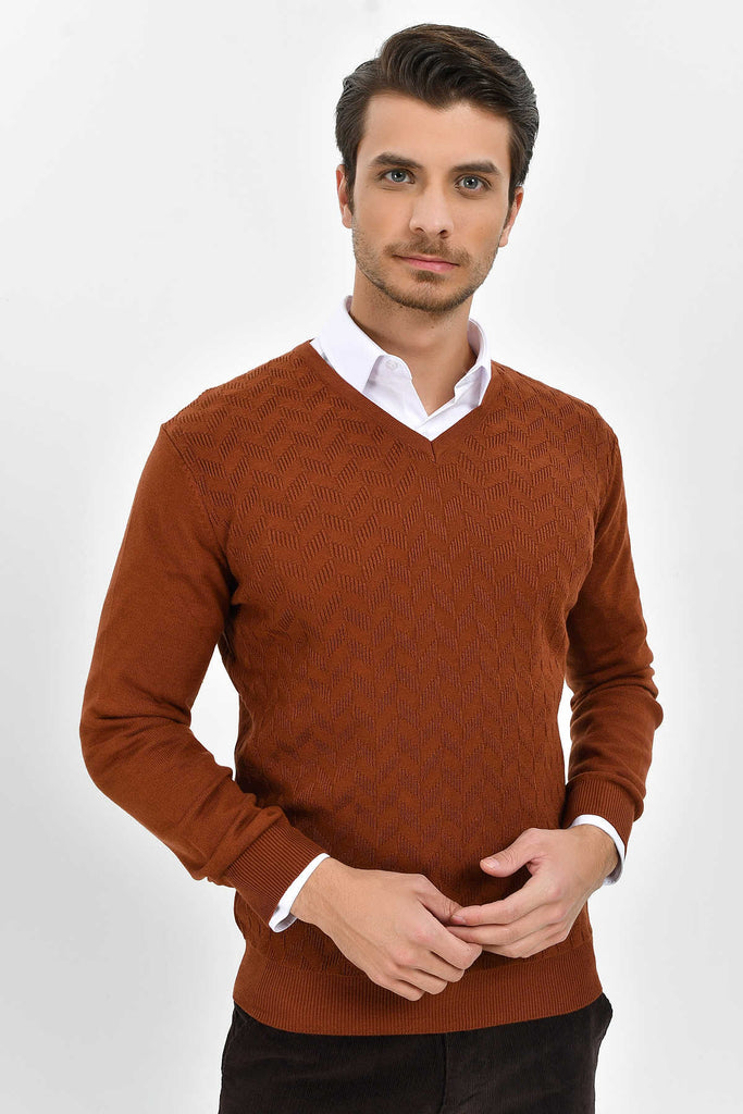 Regular Fit Plain Cotton Blend Burgundy V-Neck Sweater - MIB