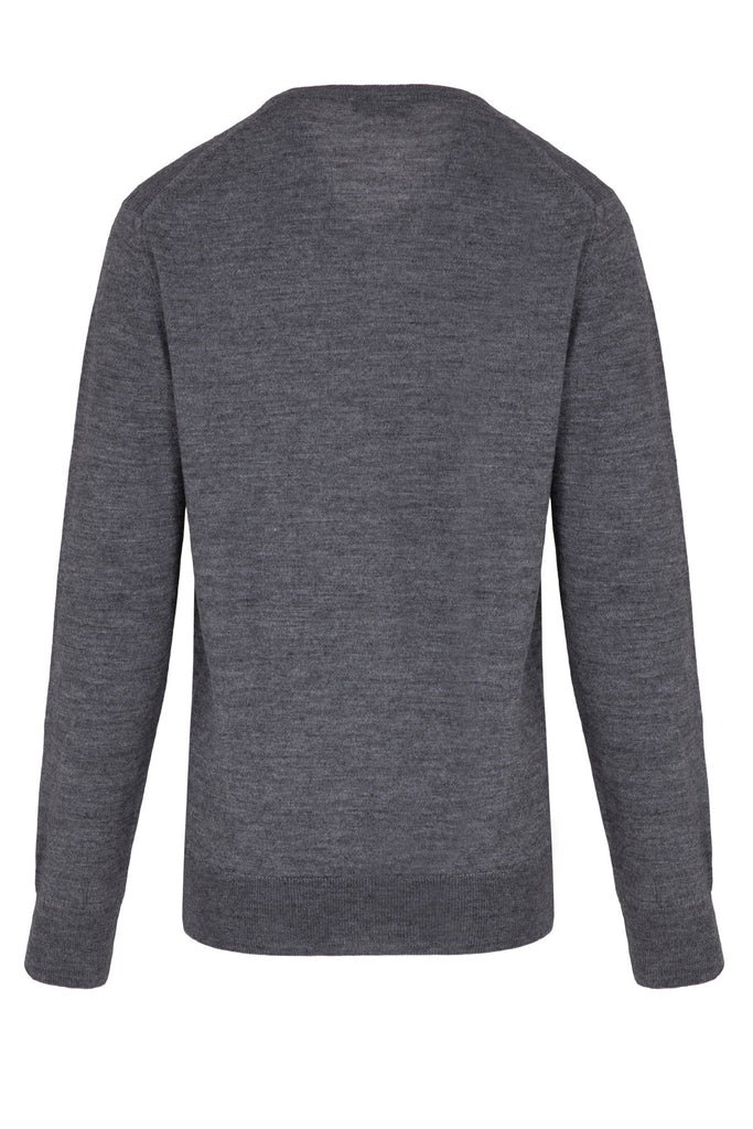 Regular Fit Plain Wool Blend Dark Gray V-Neck Sweater - MIB
