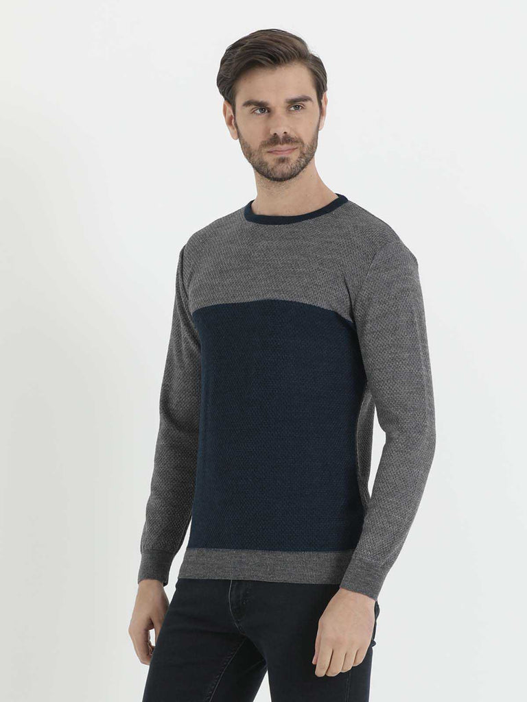 Regular Fit Plain Wool Blend Gray & Navy Crewneck Sweater