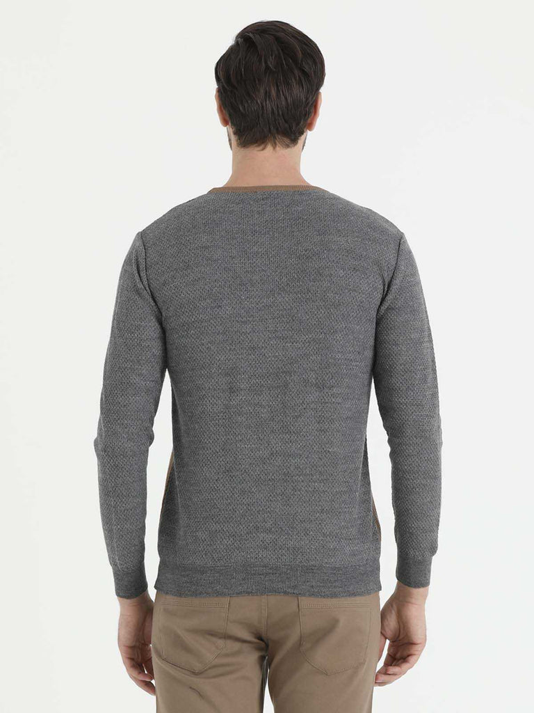 Regular Fit Plain Wool Blend Gray & Navy Crewneck Sweater