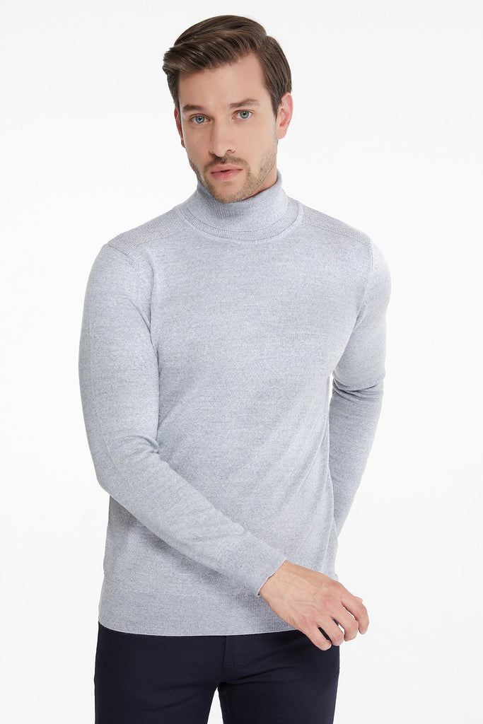Regular Fit Plain Wool Blend Light Black Turtleneck Sweater