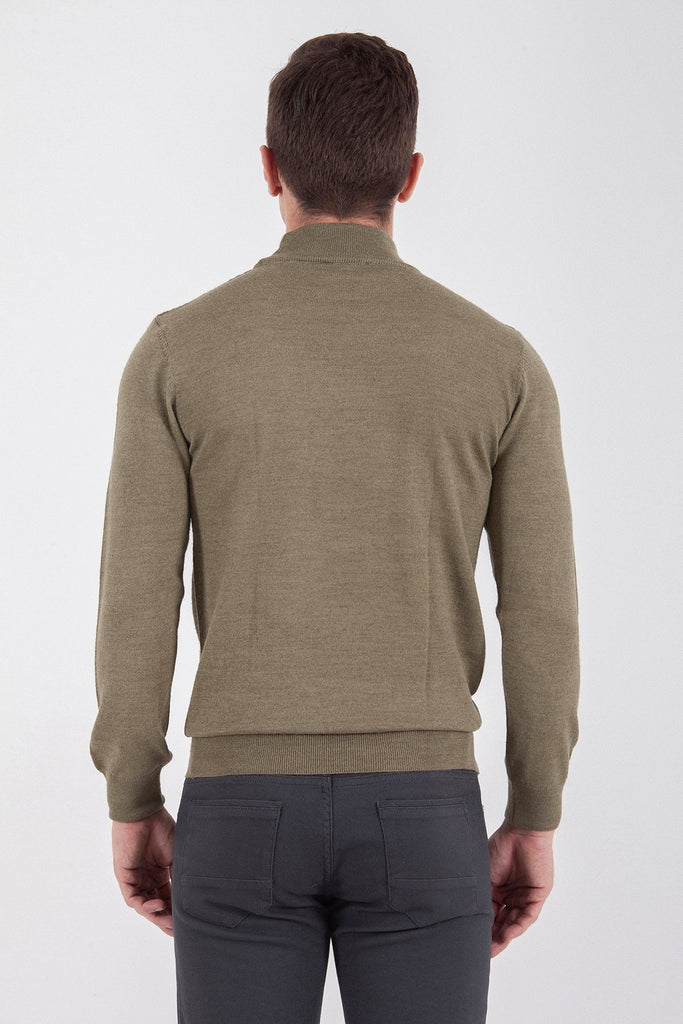 Regular Fit Plain Wool Blend Light Mink Mock Neck Sweater -