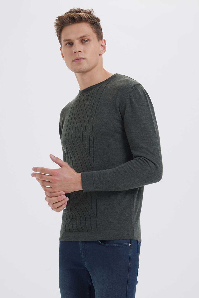 Regular Fit Plain Wool Blend Navy Crewneck Sweater - MIB
