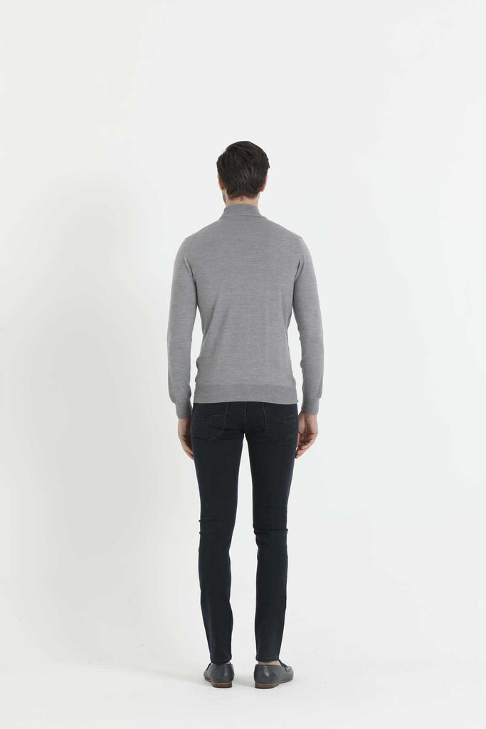 Regular Fit Plain Wool Blend Navy Mock Neck Sweater -