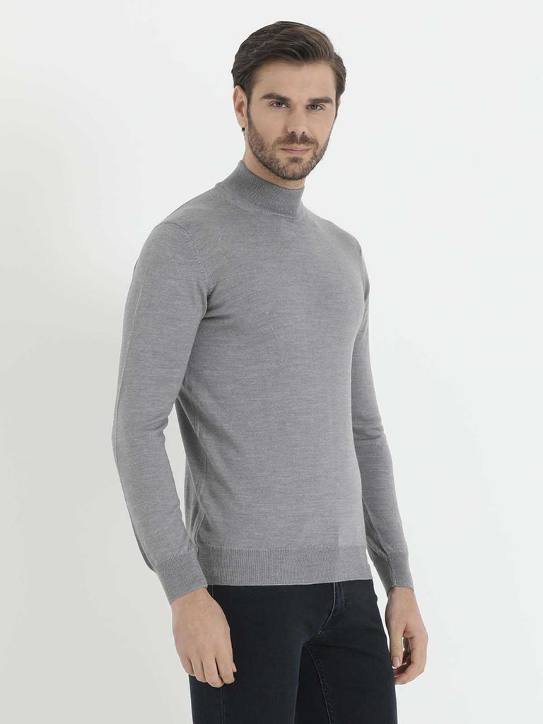 Regular Fit Plain Wool Blend Navy Mock Neck Sweater -