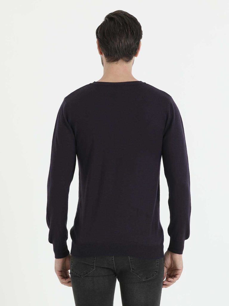 Regular Fit Plain Wool Blend Purple & Gray Melange V - Neck