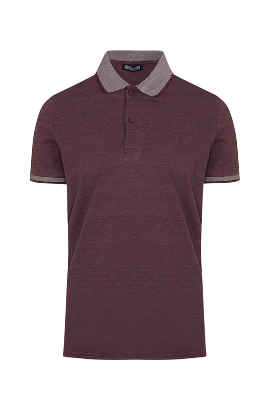 A maroon textured polo shirt with a contrasting gray collar and sleeve cuffs.