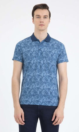 Regular Fit Printed Cotton Blend Blue Polo T-shirt - MIB