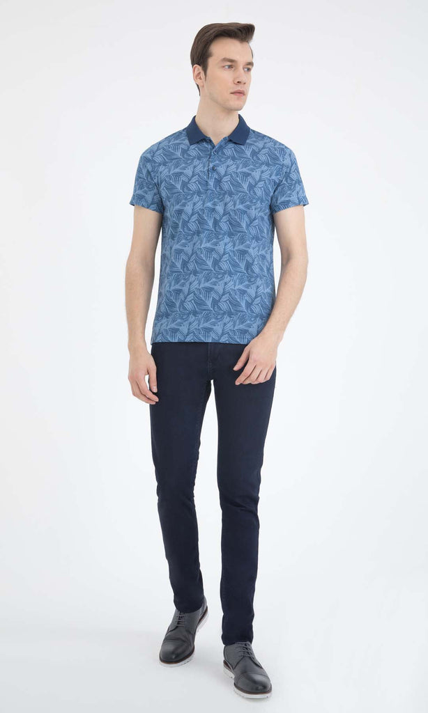 Regular Fit Printed Cotton Blend Blue Polo T-shirt - Polo