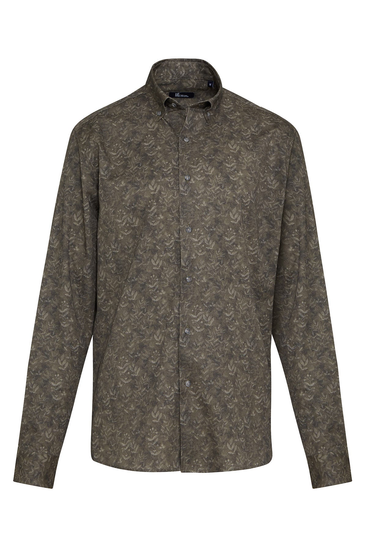 Olive green button-down shirt with a subtle leaf pattern.