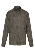 Olive green button-down shirt with a subtle leaf pattern.