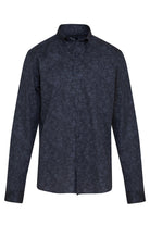 Dark navy button-down shirt with a subtle, repeating leaf pattern in a slightly lighter shade of blue.