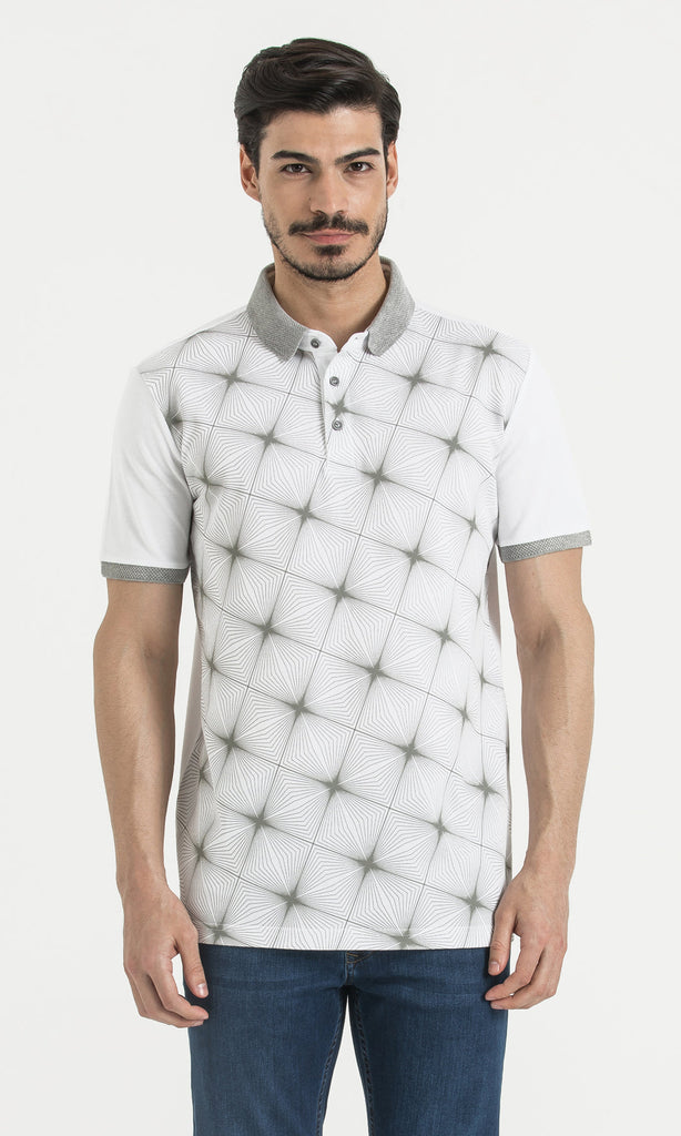 Regular Fit Printed Cotton White & Gray Polo T-shirt - MIB