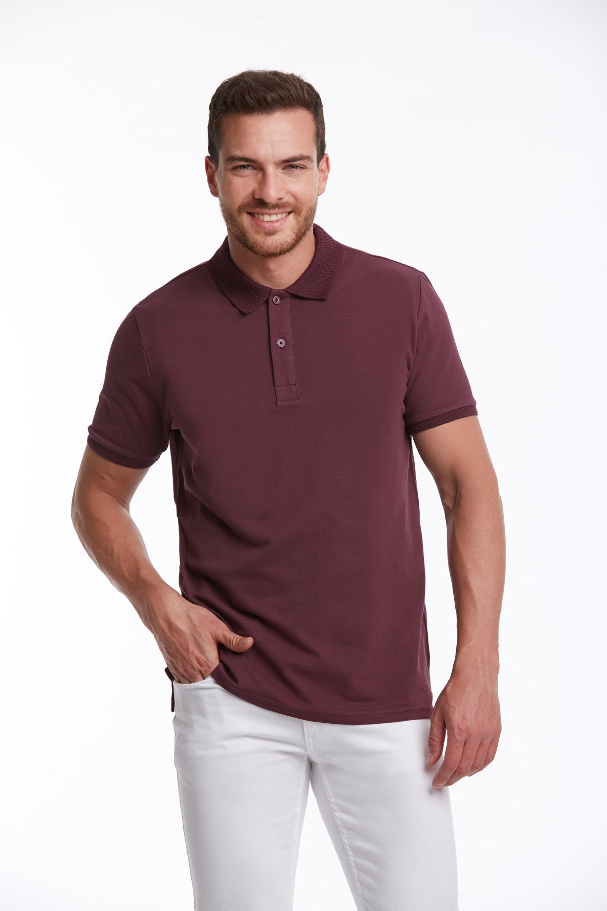 Maroon short-sleeved polo shirt with a classic collar and button placket.
