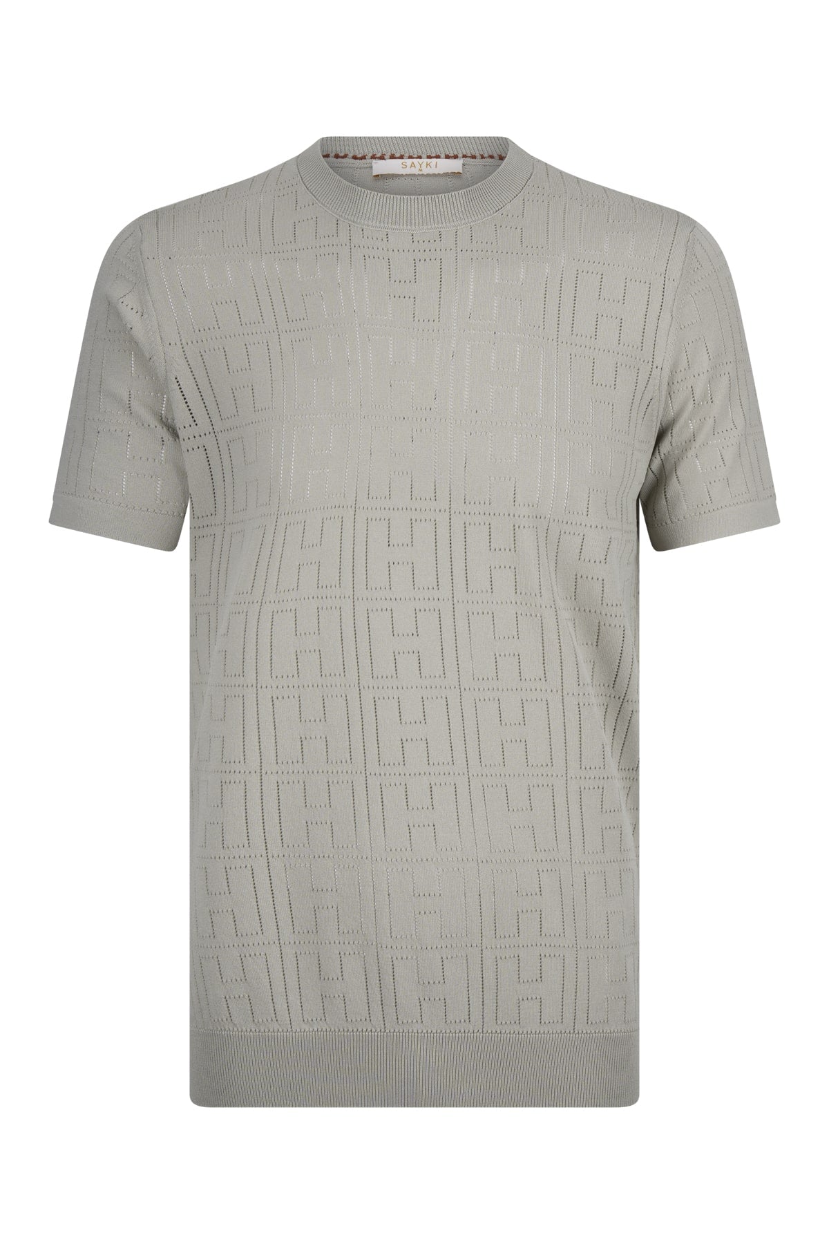 A light gray short-sleeved knit tee featuring a repeating geometric pattern of interlocking h-shaped motifs.