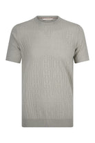 A light gray short-sleeved knit tee featuring a repeating geometric pattern of interlocking h-shaped motifs.