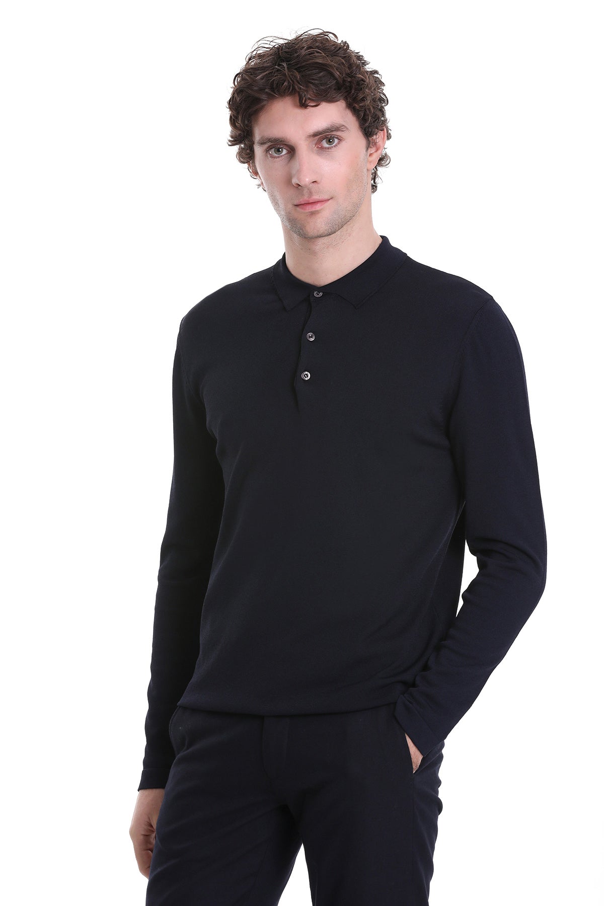 Black long-sleeved henley shirt with a subtle ribbed texture and three silver buttons at the neckline.