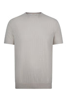 A light gray short-sleeved knit sweater with a subtle geometric pattern and ribbed cuffs.