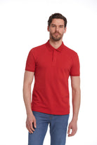 Red short-sleeved polo shirt with a classic collar and button placket.