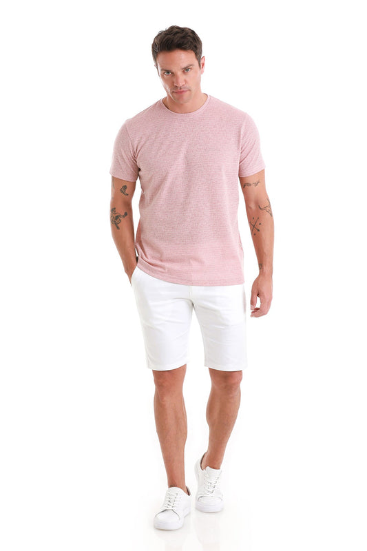 A soft pink textured short-sleeved t-shirt.