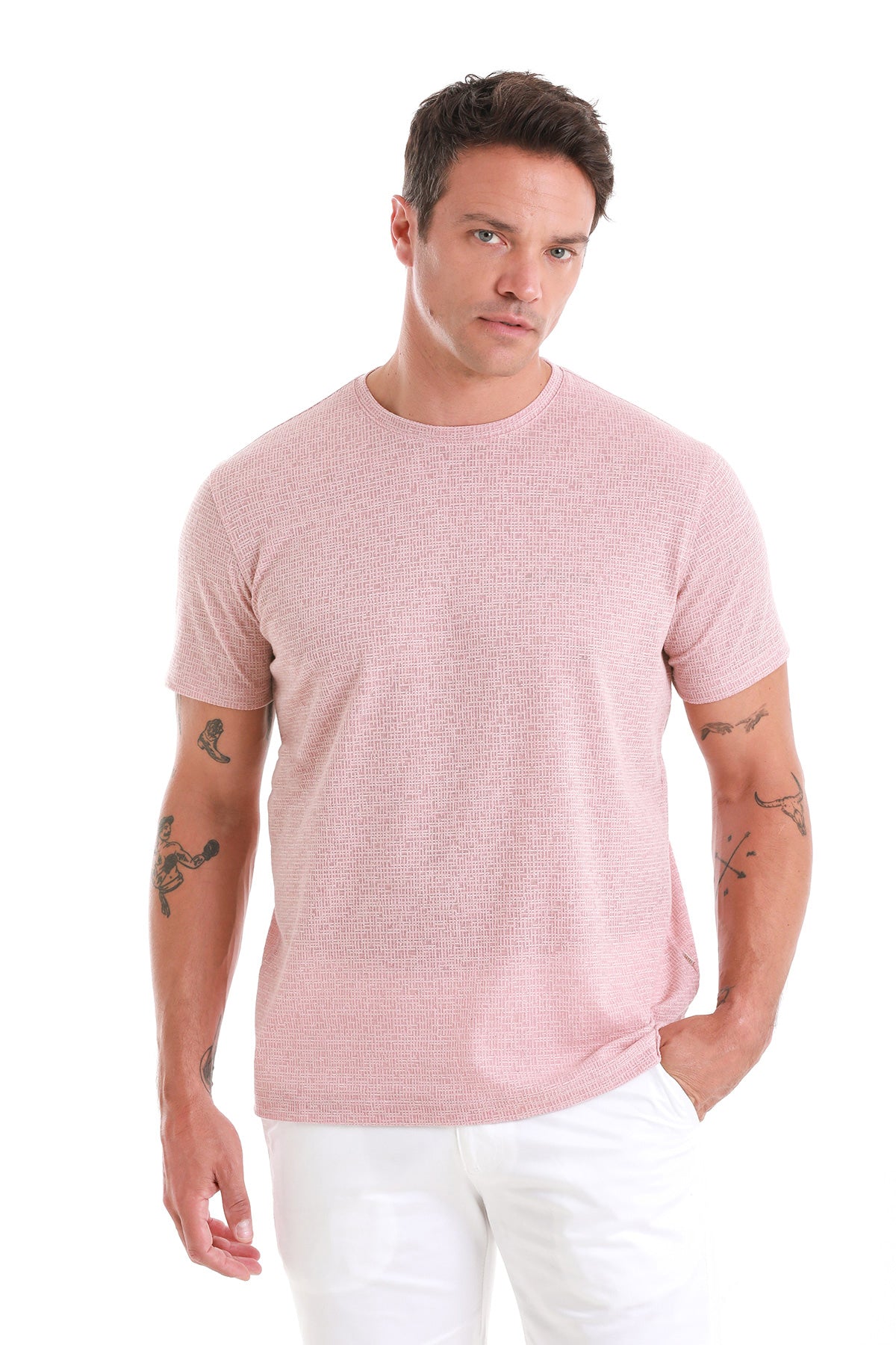 A soft pink, short-sleeved t-shirt with a subtle textured weave.