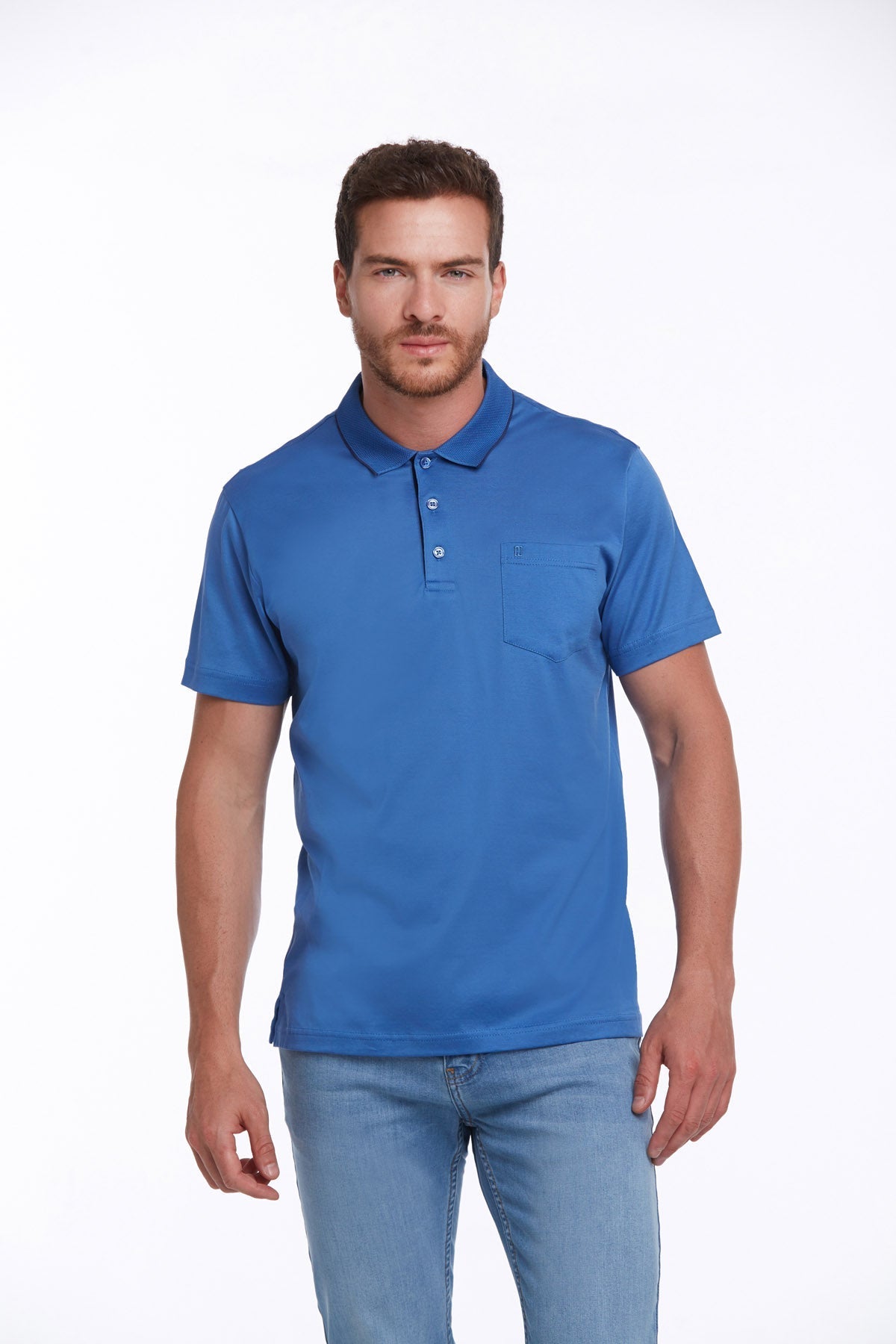Blue short-sleeved polo shirt with a collar and chest pocket.