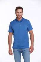 Blue short-sleeved polo shirt with a collar and chest pocket.