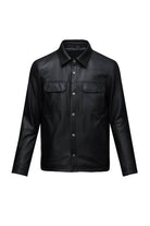 Black leather button-up jacket with two chest pockets and a classic collar.