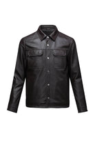 Black leather button-up jacket with two chest pockets and a collar.