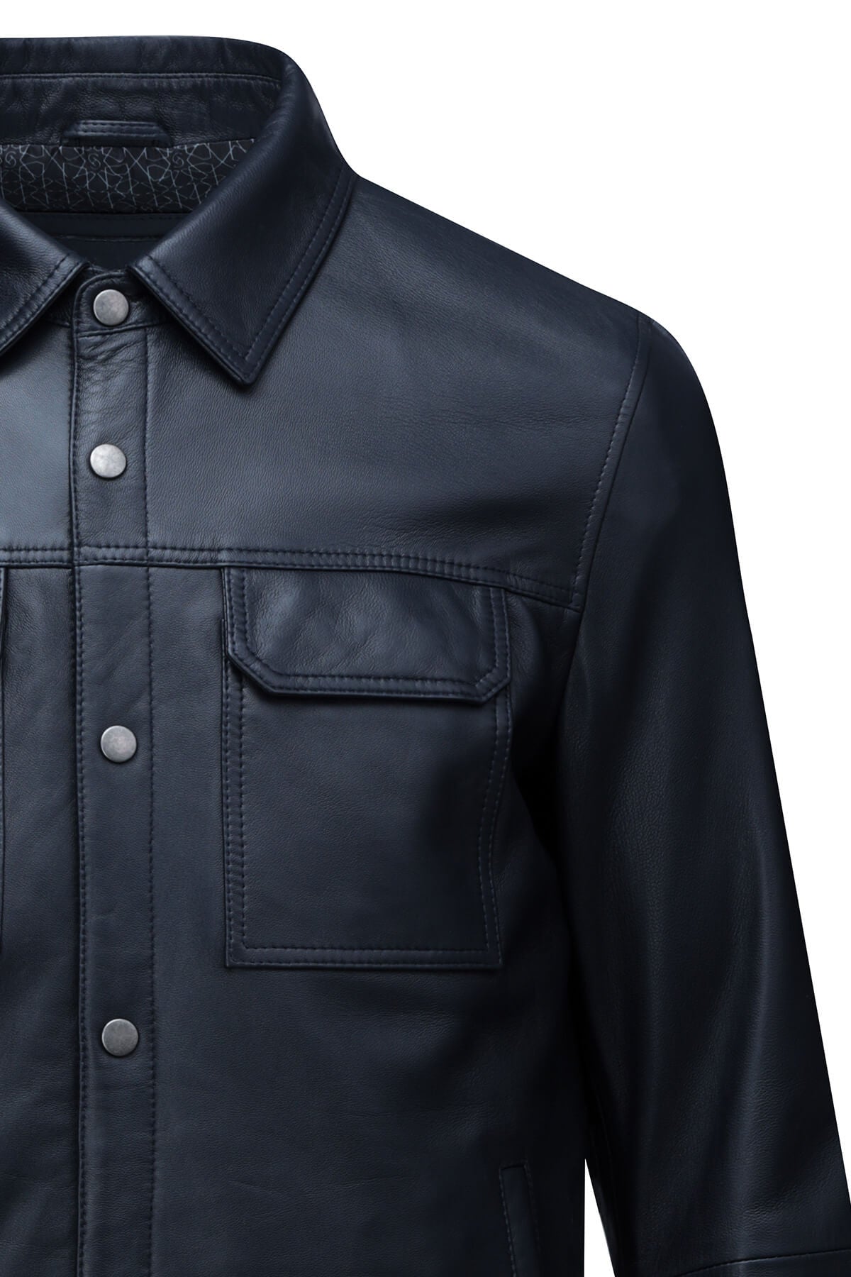 Regular Fit Shirt Collar Navy 100% Leather Coat - SAYKI