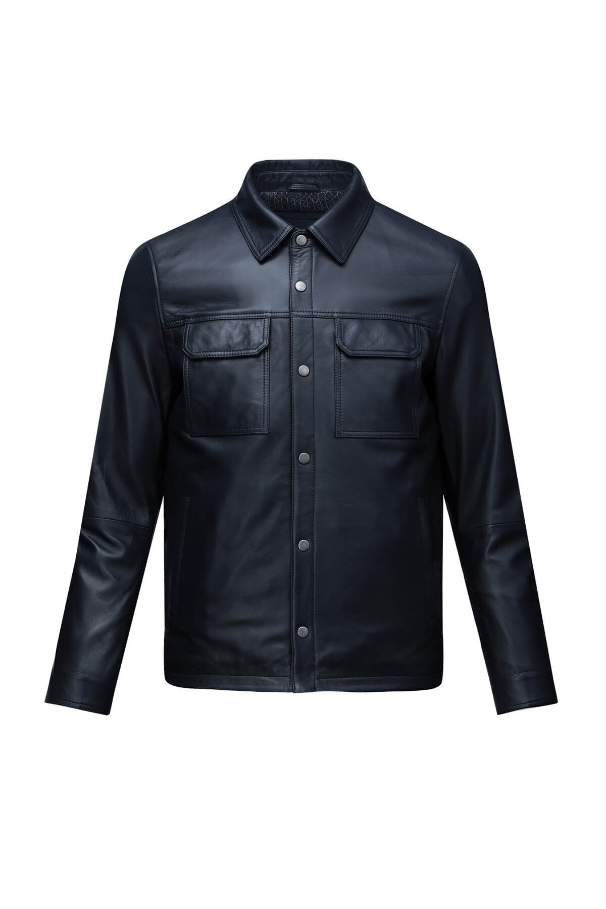 Regular Fit Shirt Collar Navy 100% Leather Coat - SAYKI