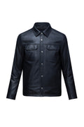 Regular Fit Shirt Collar Navy 100% Leather Coat