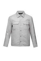 Light gray leather jacket with two chest pockets and a button-down front.