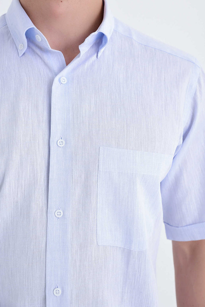 Regular Fit Short Sleeve Plain Linen & Cotton Blend Ice
