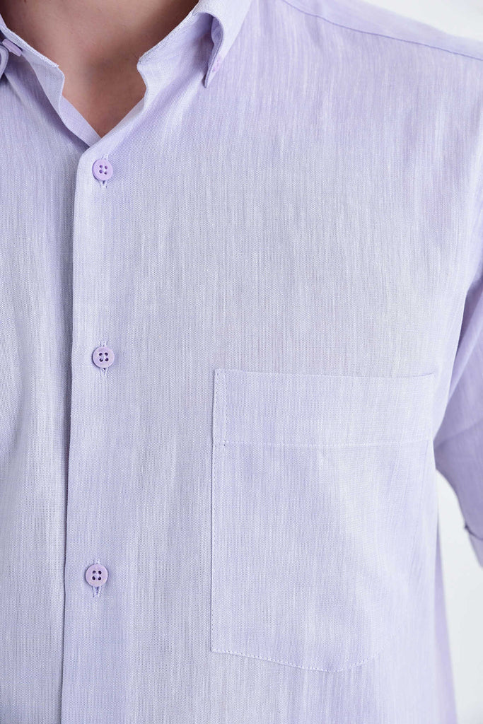 Regular Fit Short Sleeve Plain Linen & Cotton Blend Ice