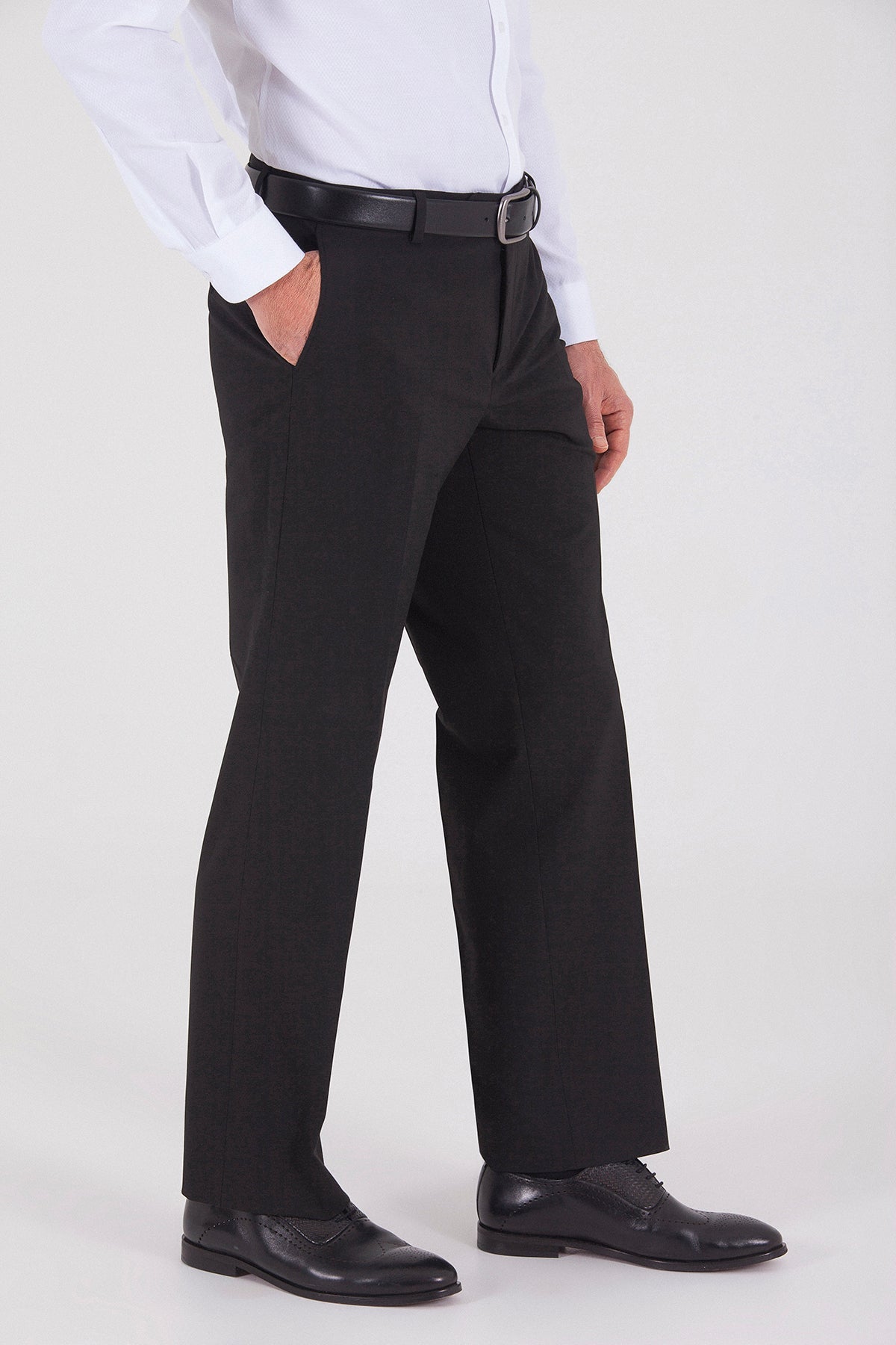 Black formal trousers with a sleek, straight-leg cut and subtle creasing.